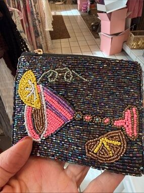 Beaded Multicolor Martini Glass Coin Pouch - Black Background